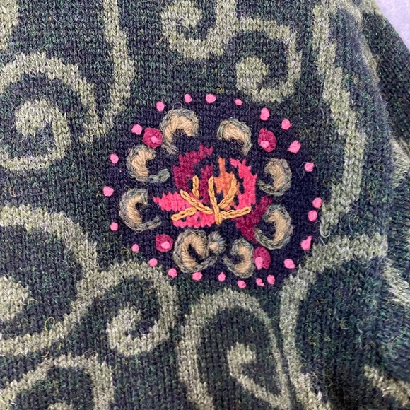 Icelandic Design Small Wool Sweater Jacket Full Zip Cardigan Embroidered Green - Picture 3 of 10